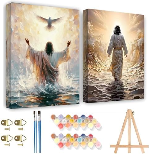 KYOQFVN 2 Pack Jesus Paint by Numbers Kit for Adults with Frame - Jesus Paint by Number Kits on Canvas with Wooden Easel, DIY Acrylic Oil Painting for Home Wall Decor8x12inch
