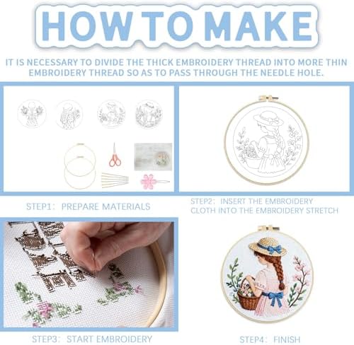 FREEBLOSS 4 Set Embroidery Kit Girl Pattern Stamped Embroidery Starter Kit with Step By Step Instructions, Colored Threads, 2 Hoops, Needlepoint Kits for Hand Craft Lovers Gift, 30cm/11.8inch
