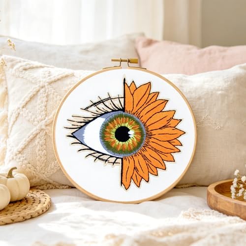 Crafmanoe Sunflower Eyes Embroidery Kits for Beginners Adults, Hand Embroidery Starters Kits, Stamped Cross Stitch Kits Needlepoint Kits for Beginners Adult, Embroidery Hoop, Thread and Video Tutorial