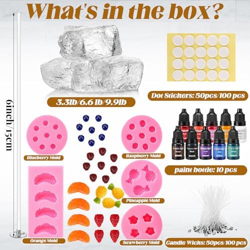 Heigble 3.3 lb Gel Wax for Candle Making Candle Making Kit with 5 Fruit Silicone Molds Wick Stickers and Liquid Dye DIY Clear Jelly Make Candles DIY Supplies for Party Supplies