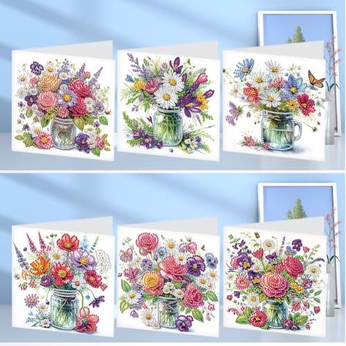 Diamond Art Cards with Envelopes–6PCS DIY Diamond Painting Greeting Cards Kit | Card Making Kit with Bling for Adults & Beginners | Birthday,Holiday & Thank You Cards (Bouquet)