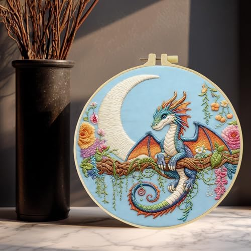 Black dragon handmade DIY embroidery kit,suitable for adult beginners,includes embroidery cloth, instructions, embroidery frame and needle and thread, suitable for holiday gifts (Blue Dragonfly)