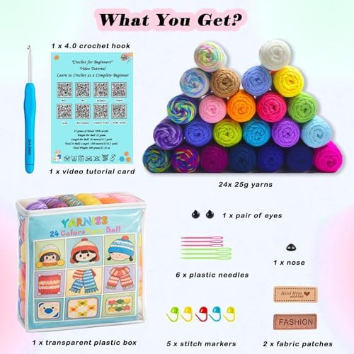 Yarniss 24 Color Crochet Yarn Kit, 1312yds Worsted Acrylic with 4mm Hook