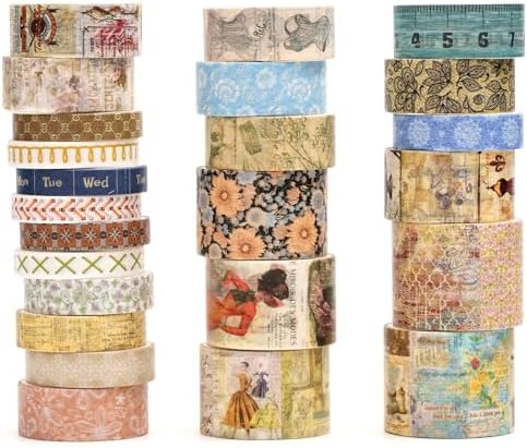 Vintage Washi Tape Set - 24 Rolls Arts Adhesive Tapes Assorted Retro Decorative Masking Tape Sets for Craft, Kids, Scrapbook, DIY, Gift Wrapping (7-Daily Vintage)