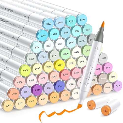 Caliart Alcohol Markers 61 Colors Pastel Chisel & Brush Tip Art Markers | Non-Toxic Permanent Pens for Adults Coloring Book Beginners Sketch Illustration Painting Drawing School Supplies Art Gifts