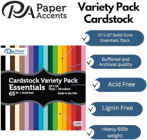 Accent Design Paper Accents Variety Pack, Essential Cardstock, 12x12 Inch, 72 Pack, 18 Colors, 65lb Cardstock, Scrapbooking, Card Making, and Rubber Stamping