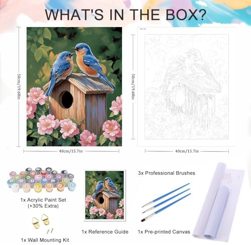 Natuyalo Paint by Numbers Kit for Adults, Blue Birds Paint By Number Kits for Beginner Animals House Acrylic Painting Kit Adults' Paint-by-Number Kits for Gift Home Wall Decor 16x20 inch