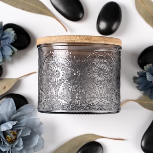 10 oz Gray Mandala Glass Candle Jars with Bamboo Lids, 9 Pack