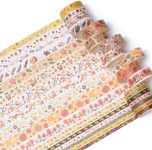 18 Rolls Seasons Flowers Washi Tape Set Floral Arts Adhesive Tapes Blooming Garden Decorative Masking Tape Sets for Craft, Kids, Scrapbook, DIY, Gift Wrapping (Autumn)