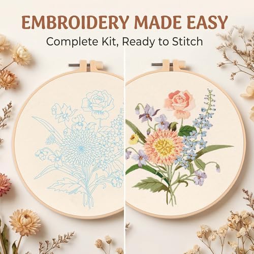 Harimau Adult Beginner Embroidery Starter Kit, Complete Set with 4 Patterns, 2 Hoops, Needles, Scissors, Instruction Guide & Stitching Video Tutorials