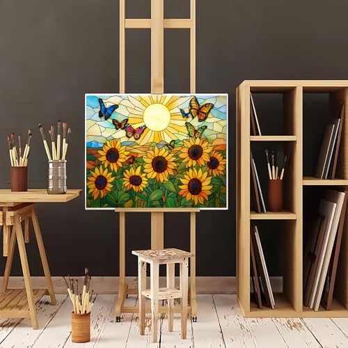 Natuyalo Sunflower Butterfly Paint by Numbers Kit for Adults Beginner, Sunset Landscape Adult Paint by Number Kits on Canvas, DIY Acrylic Painting Kit for Home Wall Decor 16x20 Inch