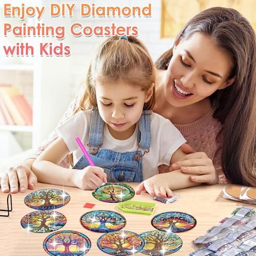 ijbnhd 8 PCS Tree of Life Diamond Art Coasters (Cork Wooden Pad)