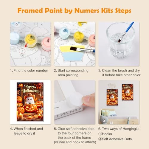 MOGTAA Happy Halloween Paint by Numbers Kit for Adults Beginners with Frame, Ghost Adult Paint by Number Kits on Canvas with Easel, Easy DIY Pumpkin Oil Painting Kits for Home Decor, 8x12in