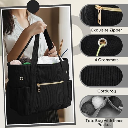 Bulyoou 2 Pcs Crochet Tote and Yarn Bag Set Corduroy Yarn Holder,Black