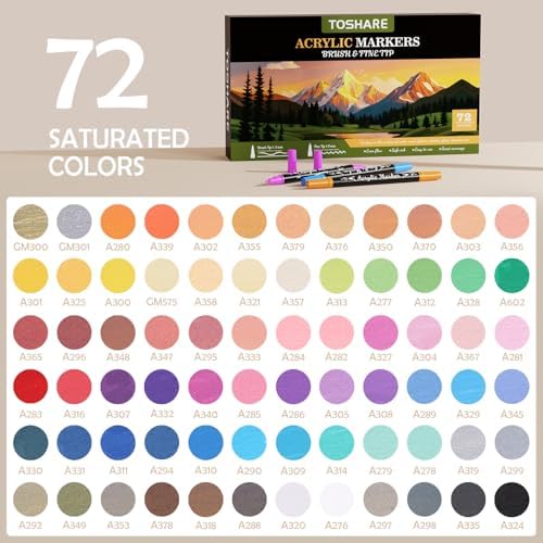 72 Colors Precision Dual Tip Acrylic Paint Markers Pens - Brush & Fine | Performs on Rock, Wood, Paper, Fabric, Egg, Scrapbook, Glass, Ceramic, Canvas, DIY Crafts Art Gift - School Supplies