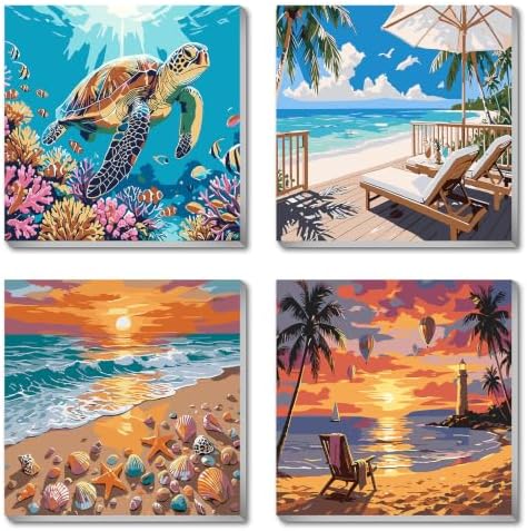 4 Pack Framed Paint By Numbers Kit for Adults, Beach Paint By Number Kits