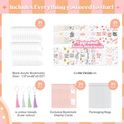 Kaciola 24PCS Acrylic Bookmark Blanks with 24PCS Faith Theme UV DTF Stickers and 4 Colors Tassels,Blank Bookmarks UV DTF Transfers Stickers for DIY Crafts Hanging Tag Gift Bookmarks DIY