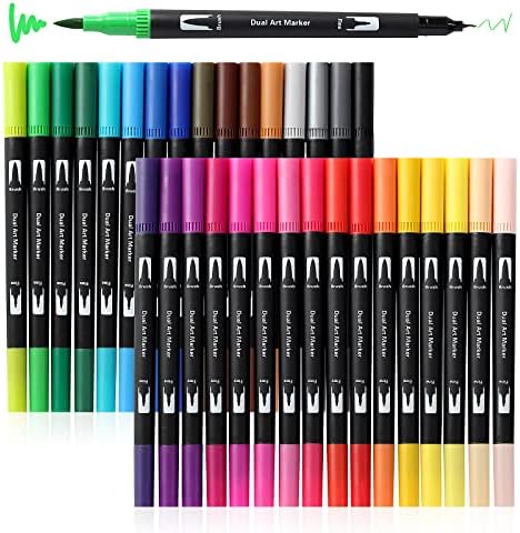 Peablce Art Markers Brush Pen Markers for Adult Coloring 32 Colored Pens | Fine Point Highlighter Pen & Brush Markres for Journaling Note Taking Planner