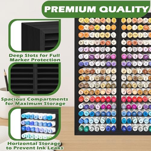 PROLEE Marker Organizer for 224 Markers, Wooden Alcohol Marker Holder with 32 Compartments, Horizontal Art Pen and Pencil Storage Rack for Desk, Classroom and Studio, Black