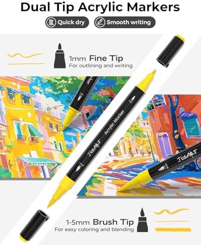 JusArt Acrylic Paint Markers 48 Colors, Dual Tip Art Supplies for Rock