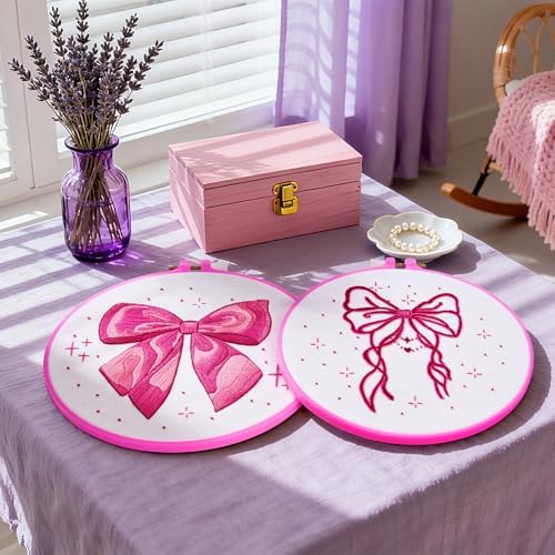 2 Sets Pink Hand Embroidery Kits for Beginners Adults, Cute Bow Embroidery Starter Kits, Cross Stitch Kits for Beginner Needlepoint DIY Kits for Adult, 2 Set Embroidery Hoops, Thread & Video Tutorial
