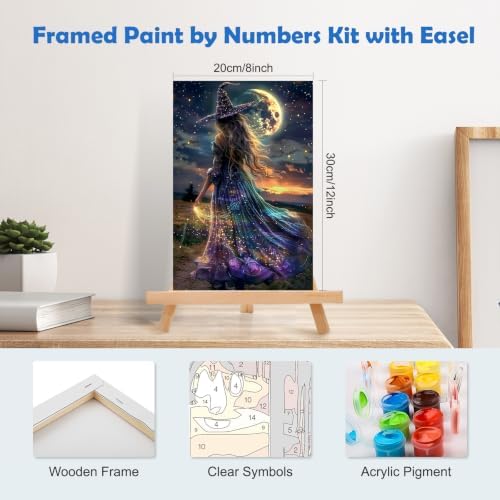 MOGTAA Halloween Paint by Numbers Kit for Adults Beginners with Frame, Witch Adult Paint by Number Kits on Canvas with Easel, Easy DIY Starry Night Oil Painting Kits for Home Decor, 8x12in