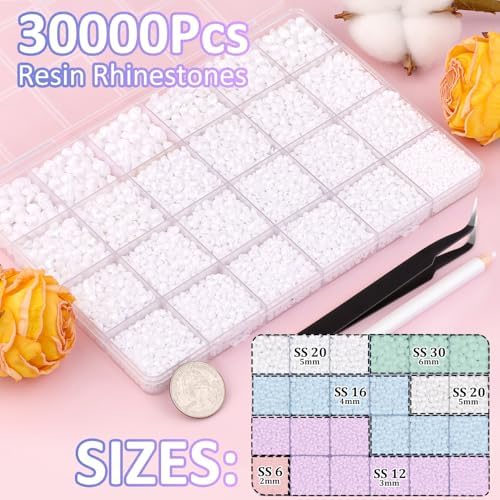 30000Pcs White Rhinestones for Bedazzling with B7000 Jewelry Glue, Bedazzler Kit Bulk Flatback Gems, Resin Rhinestones for Crafting Crafts Clothing Shoes Fabric Nail Art Assorted Size 2/3/4/5/6mm
