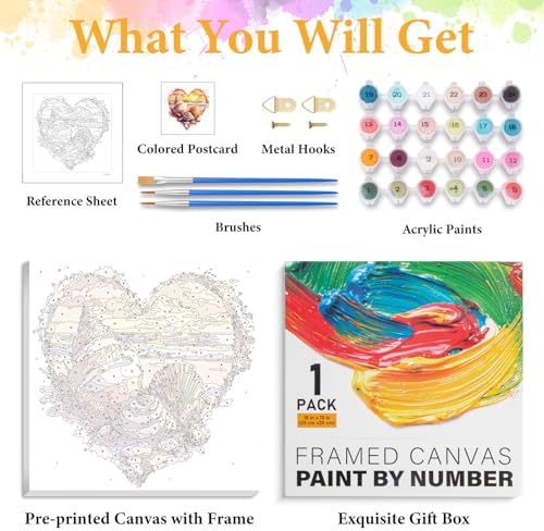Framed Paint by Numbers Kit for Adults, Heart Seashell Beach Art 10x10 Inch