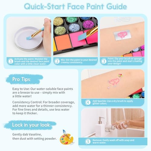 Pintada 42 Color Face Painting Kit for Kids - Non Toxic Water Activated Face Paint Palette With Stencils, Brush, Sponges, Book. For Carnival, Halloween, Costume Makeup and Festivals & Events