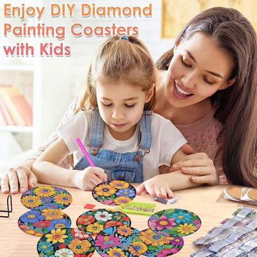 ijbnhd 8 Pcs Flowers Diamond Art Coasters with Holder