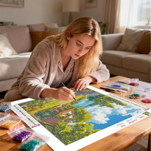 HvasJing Link Diamond Painting Kit for Adults, Lake House Diamond Art Kit