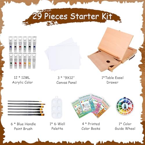 Falling in Art 29 Pcs Acrylic Painting Kit with Tabletop Easel