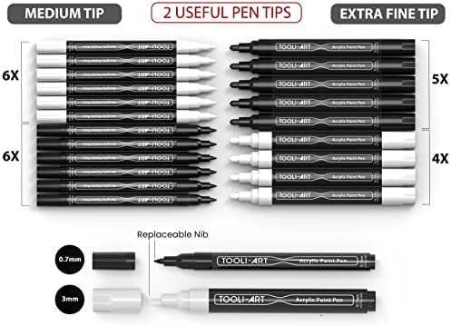 TOOLI-ART Black And White Acrylic Paint Markers Paint Pens Set For Rock Painting, Canvas, Mugs, Metal, Glass Paint, Fabric, Wood, DIY. Non Toxic, Quick Dry,Waterbas (EXTRA FINE & MEDIUM)