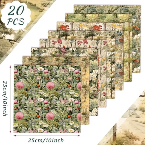 HunnmingRe 20 Pcs 10''x10'' Vintage Mushroom Quilting Fabric Square Woodland Forest Quiltted Fabric Bundle Fairy Junk Fairytale Precut Printed Patchwork Supplies for Holiday DIY Sewing Material Craft