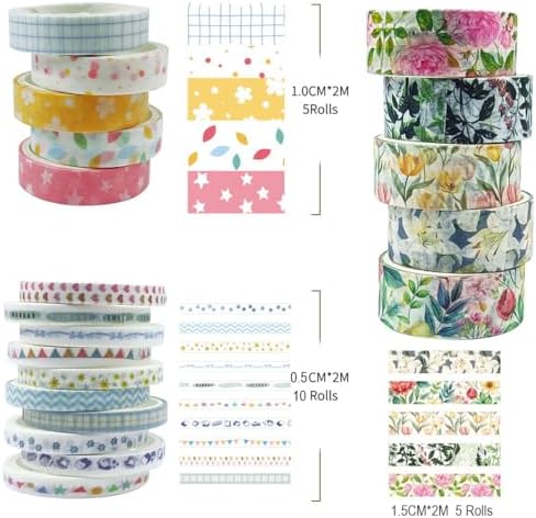 20 Rolls Washi Tape Set,Floral Washi Tape for Journaling, Assorted Sizes (Floral A)