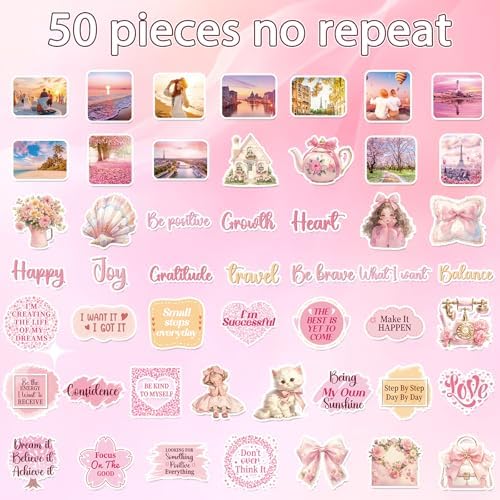 50 Pcs Vision Board Stickers for Women, Positive Affirmation Stickers for Vision Board Supplies Kit, Inspirational Quote Journey Decal Sticker for Adults Teens Planner Accessories (Pink)