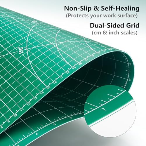 ArtAt Self Healing Cutting Mat: 12″x 18″ Green Double Sided Non-Slip 5 Layers PVC Durable Craft Sewing A3 Mat for Rotary Cutter, Use for Quilting and Scrapbooking and Craft & Art Projects…