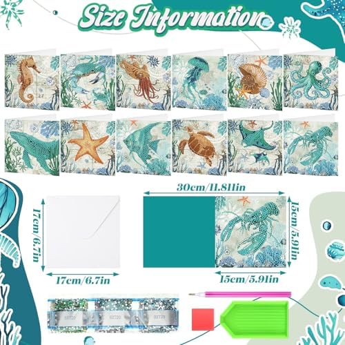 Saillong 12 Pack Summer Ocean Diamond Painting Greeting Card Kits DIY Under the Sea Diamond Art Cards with Envelopes Ocean Animals 5D Rhinestones Painting Making Kits for Adults DIY Craft Family Gifts