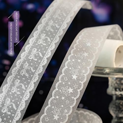 White Lace PET Tape For Journaling Retro Glitter Scrapbook Lace PET Tape Stickers Aesthetic Music Note Star Bow Rose Flower Border Stickers for Scrapbooking Supplies Planner Gift Wraping Crafts Decor