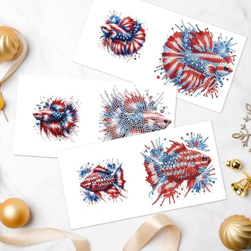 6-Piece 5D Diamond Art Greeting Card Kit with Envelopes, USA Independence Day Goldfish Design, DIY Special Shape Diamond Painting Greeting Cards for Adults, Handmade Card Craft Holiday Gift, 30x15cm