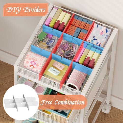 Rolling Utility Cart with 4 Drawers, Craft Organizer and Storage Carts with DIY Divider, Lockable Wheels Storage Organizer for Art Supplies, Store for Brushes & Paints & Artifacts, White