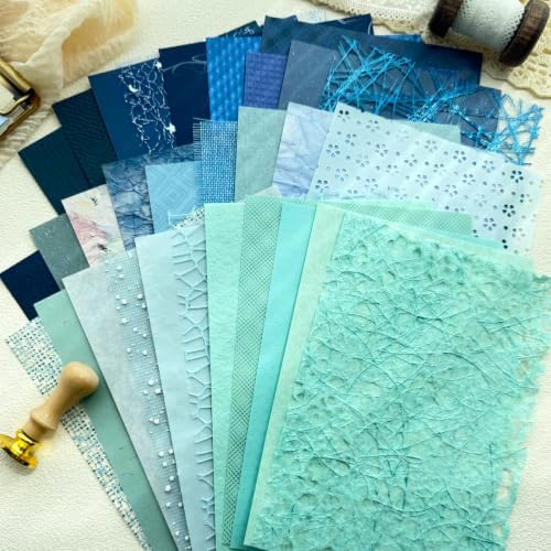 30 Sheets A5 Ocean Blue Textured Scrapbook Paper & Mesh Fabric Set