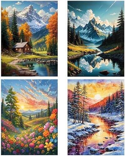 Lovepefe Mountain Paint by Numbers Kit for Adults and Kids Beginner 4 Pack Mountain Forest Adult Paint by Number Kits On Canvas DIY Oil Painting Kits for Gift Wall Decor 12x16 Inch