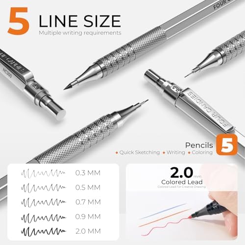 Four Candies Metal Mechanical Pencil Set, 4PCS 0.3, 0.5, 0.7, 0.9MM Mechanical Pencils & 2MM Drawing Pencil with 9 Tubes Lead Refills (4B 2B HB 2H Color) for Student Writing Artist Sketching - Silver