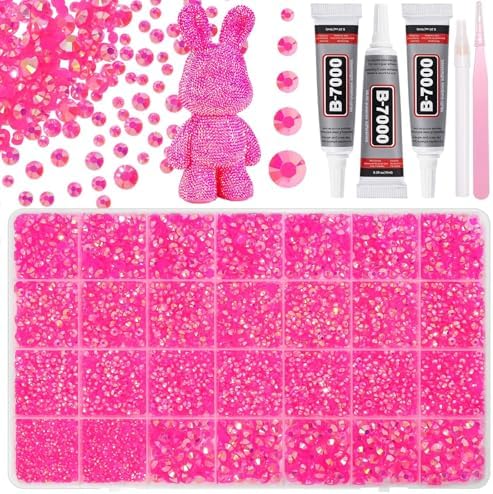 Hot Pink Jelly Rhinestones 2-6mm, 28Grid Flatback Gems Kit for Bedazzling