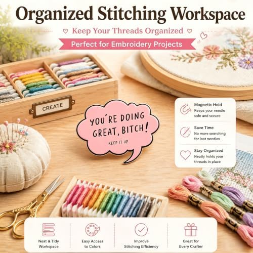 Needle Minder for Keeping Sewing & Embroidery Needles – Magnetic Needlepoint Holder, Cross Stitch Supplies – Secure & Decorative Needle Minders for Stitching & Crafting (You're Doing Great)