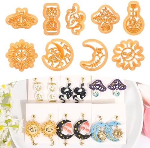 Puocaon Mystic Boho Clay Cutters - 9 Pcs Polymer Clay Cutters for Earrings Jewelry, Mushroom Sun Moon Moth Snake Bottle Shape