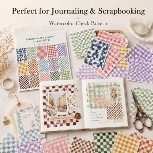 30 Sheets Watercolor Check Pattern Scrapbook Paper,Decorative Cardstock for Junk Journaling, DIY Gift Wrapping, Card Making & Photo Collage Background