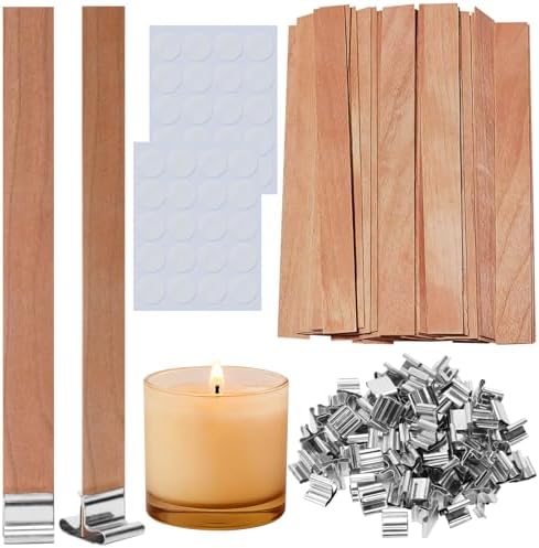 140 Pcs Wooden Candle Wicks Kit, Includes 50 Wood Wicks (5.1 x 0.5in), 50 Iron Stands and 50 Wick Stickers, Naturally Smokeless Candle Cores for DIY Candle Making