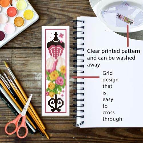 ORIGACH 6 Set Mannequin with Flowers Cross Stitch Bookmark Kit for Beginner